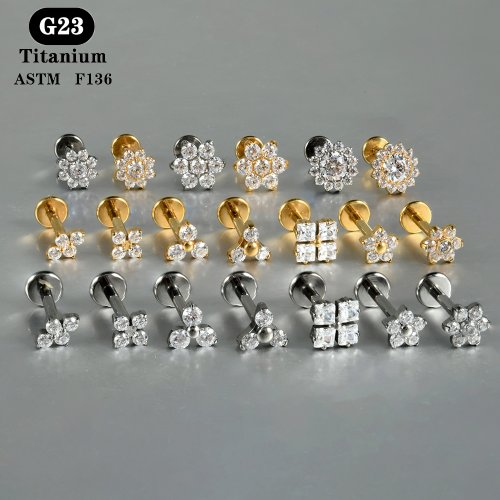 Zdjęcie 1PC ASTM F136 tytanowa cyrkonia płaski tył kolczyk kwiat kolczyki w uszach płatek Helix Tragus chrząstka Piercing biżuteria 16G