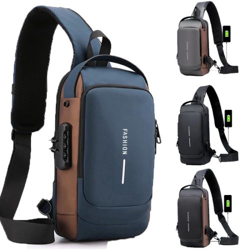 Imagen de Bolso de Pecho Antirrobo para Hombre con Puerto USB, Bolso de Hombro Transversal para Viajes, Escuela y Uso Diario, Hecho en Oxford Resistente