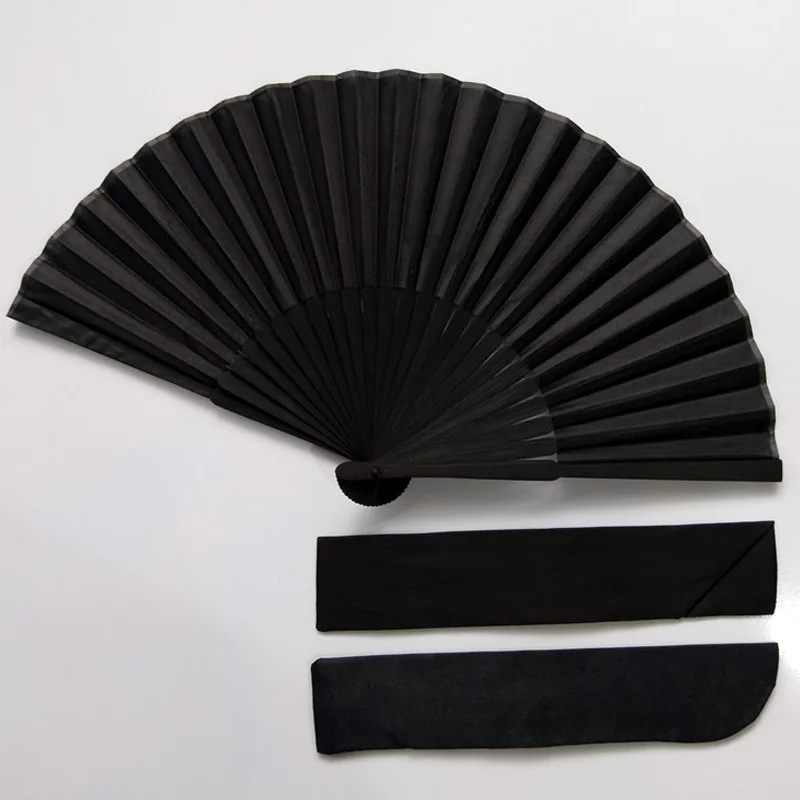 Imagen de Abanicos plegables de estilo chino negro Vintage, abanico de Kung Fu para fiesta de boda, bolsillo de Color sólido, abanico de baile artesanal, abanicos decorativos para el hogar