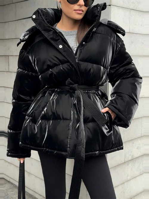 Chaqueta acolchada brillante con capucha desmontable para mujer, abrigo de cintura con cinturón y cremallera, manga larga, moda invierno 2025, ropa de abrigo cálida y elegante
