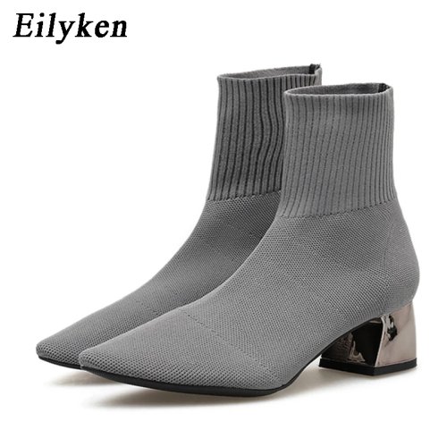 Image of Stylish Gray Knitted Stretch Fabric Ankle Boots for Women – Pointed Toe, Low Heel, Autumn Winter Short Booties
