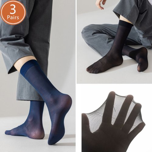 Bild von 3 Paar Herren Sommer Seidensocken – Langlebige, Geschäftliche Crew-Socken aus feinem Nylon, Gestreift, Atmungsaktiv und Elastisch für Formelle Kleidung