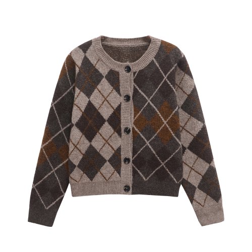 Bild von Frauen Strickjacke Pullover mit Diamant-Muster – Warme Herbst-Winter Jacke aus Weichem Strick, Einreihig, Lange Ärmel, Eleganter Damenmantel