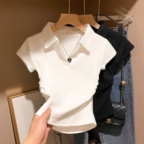 Afbeelding van Zomerse Katoenen Crop Top voor Dames – Sexy Slim Fit T-Shirt met Korte Mouwen, Basic Solid Kleur, Casual Polo Stijl