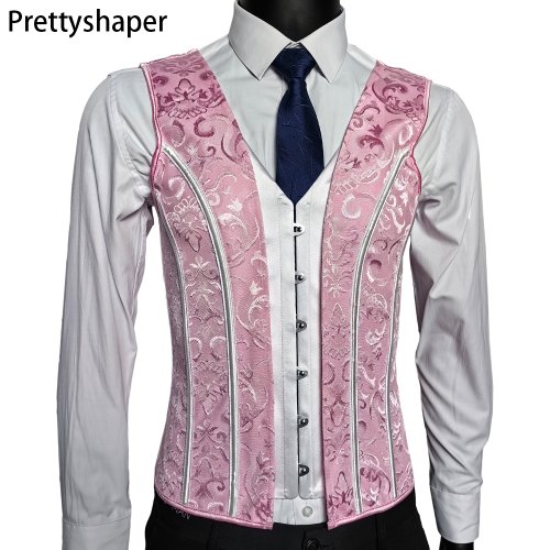 Imagen de Chaleco Moldeador con Corsé de Cordones, Entrenador de Cintura Deshuesado Estilo Medieval, Top Rosa con Cuello en V y 6 Hebillas para Hombre
