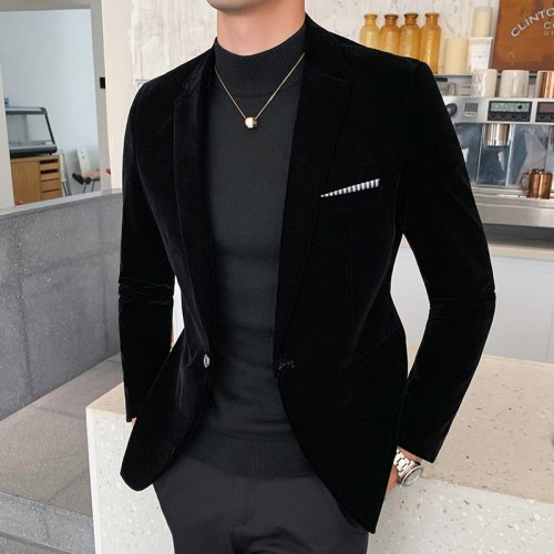 Zdjęcie Złota aksamitna marynarka slim fit – elegancka kurtka męska na jesień i zimę, idealna dla pana młodego, artystów i okazji formalnych