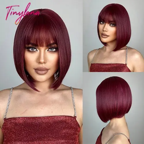 Image de Perruque Bob Brune Courte avec Frange - Naturelle & Synthétique