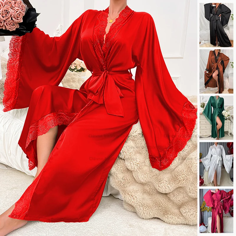 Image of Elegant Ultra-Long Lace Patchwork Kimono Robe for Women – Sexy Ice Silk Sleepwear & Bridal Wedding Party Dress with Flowing Sleeves