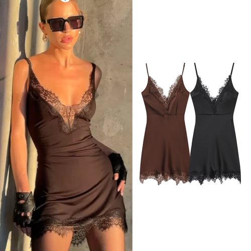 Image of 2025 Women's Elegant Lace Trim Cami Dress with Sleeveless Deep V-Neck – Sexy, Fashionable & Chic Outfit