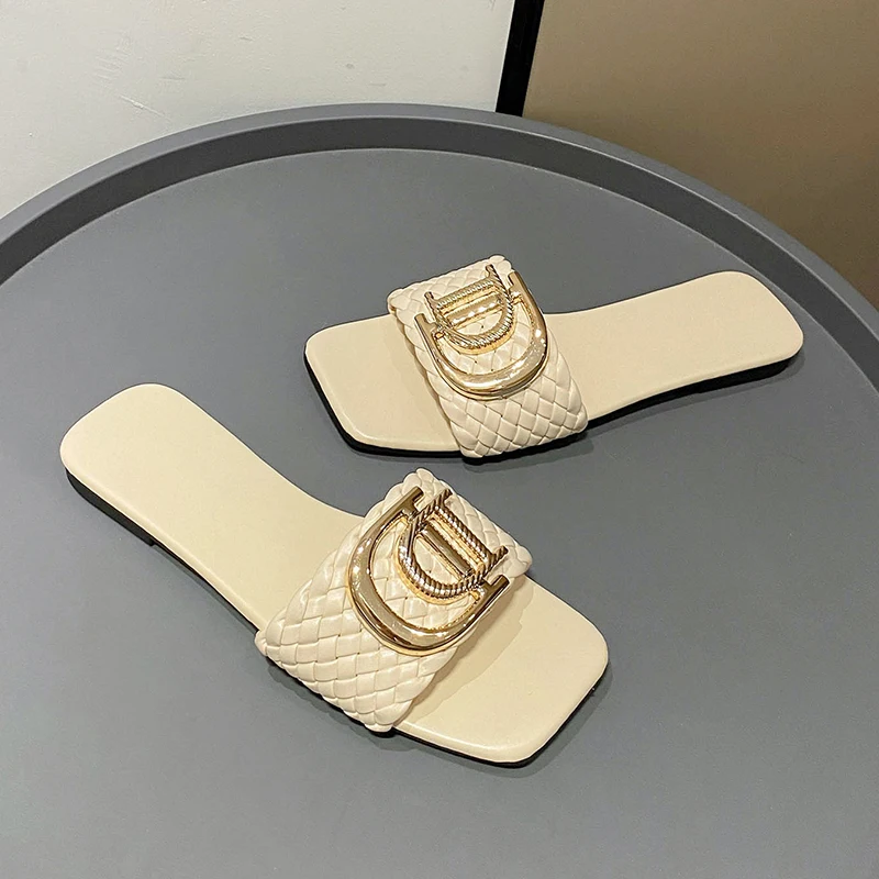 Imagen de Zapatillas de mujer, zapatillas elegantes sexis para fiesta, Sandalias planas de diseñador tejidas c...