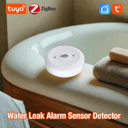 Zdjęcie Czujnik zalania Tuya Zigbee – alarm wycieku wody i przepełnienia do kuchni i łazienki z zdalnym monitorowaniem przez aplikację, kompatybilny z Alexa i Google Assistant