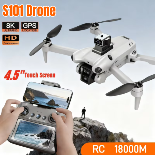 Immagine di Drone S101 Professionale con Doppia Fotocamera 8K, WiFi 5G, Schermo Integrato e Sensore di Elusione Ostacoli – Telecamera Grandangolare per Riprese Aeree di Alta Qualità