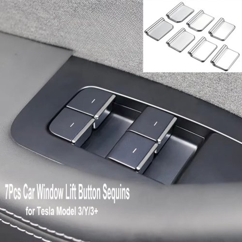 Immagine di Kit 7 Pezzi Copertura Pulsanti Finestra in ABS Cromato con Dettagli Glitter per Tesla Model 3 e Model Y - Accessorio Interno di Design Premium 2025