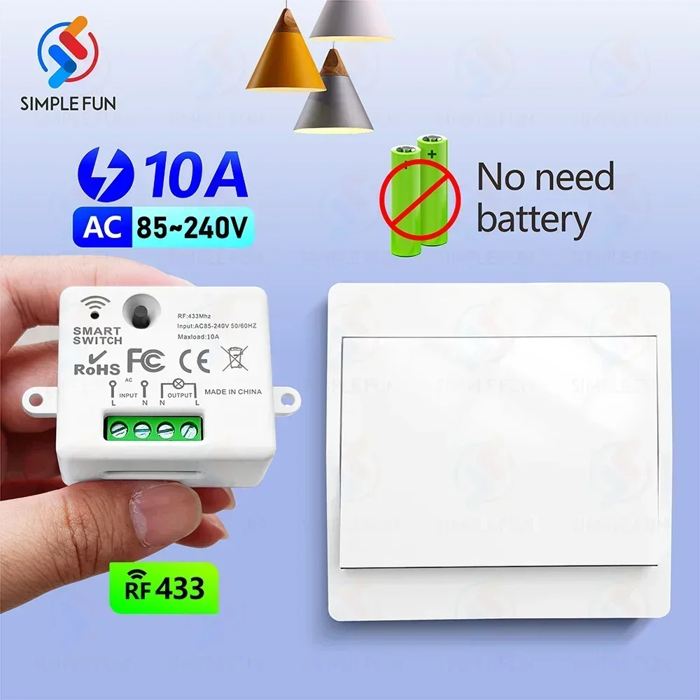 Imagen de Interruptor de Luz Inteligente Inalámbrico 433MHz con Alimentación Automática, Módulo RF para Hogar Inteligente de 110V/220V sin Batería