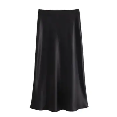 Jupe Satin Noire Haute Taille - Élégante & Mode
