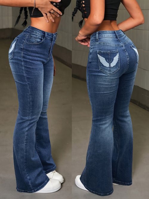 Bild von Y2k Casual Stretchy Hohe Taille Flügel Gestickte Flare Bein Jeans Sexy Retro Tasche Skinny Ausgestattet Festival Jeans Für Frauen