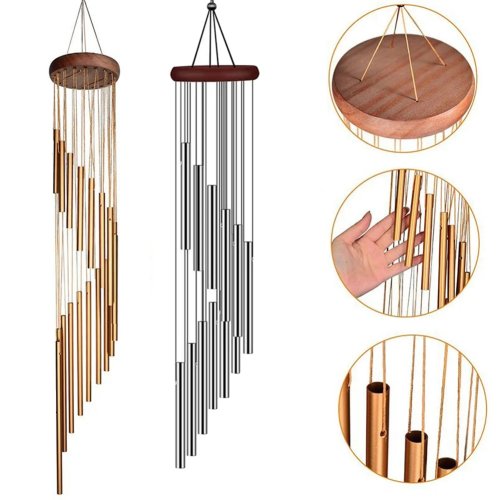 Image of Elegant 12-Tube Aluminum Alloy Wind Chime with Gold and Silver Bells – Outdoor Garden, Home, Wedding, Memorial Decoration
