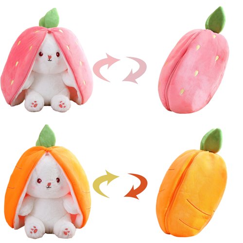 Image of Adorable 18cm Transformable Strawberry Carrot Bunny Plush Toy – Cute Cosplay Stuffed Animal with Fruit Design, Soft Cuddly Rabbit Doll for Kids