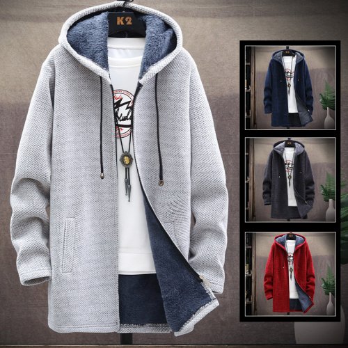 Immagine di Cardigan Lungo da Uomo in Maglia Autunno Inverno - Maglione Cappotto in Pile Pesante con Cappuccio, Trench Giacca Moda Uomo in Ciniglia Solida