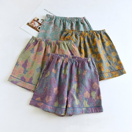 Imagen de Novedad de verano japonés 2026, pantalones cortos para mujer, 100% de algodón, tejido de hilo Vintage, ropa de dormir estampada, pantalones cortos finos sueltos con bolsillos, pantalones de casa