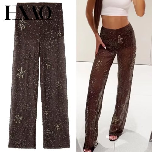 Bild von Elegante Damen-Hose mit Perlen-Verzierung und Pailletten – Durchscheinende High-Waist Hose im Streetwear-Stil für Frühling und Sommer 2025