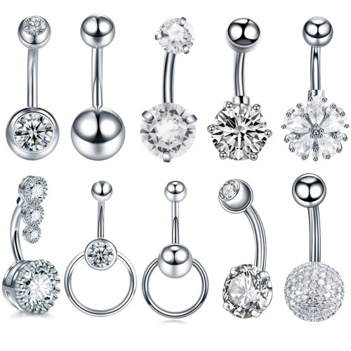 Image of Stunning Surgical Steel Belly Button Ring with Clear CZ Stone – Elegant Navel Piercing Jewelry for Women