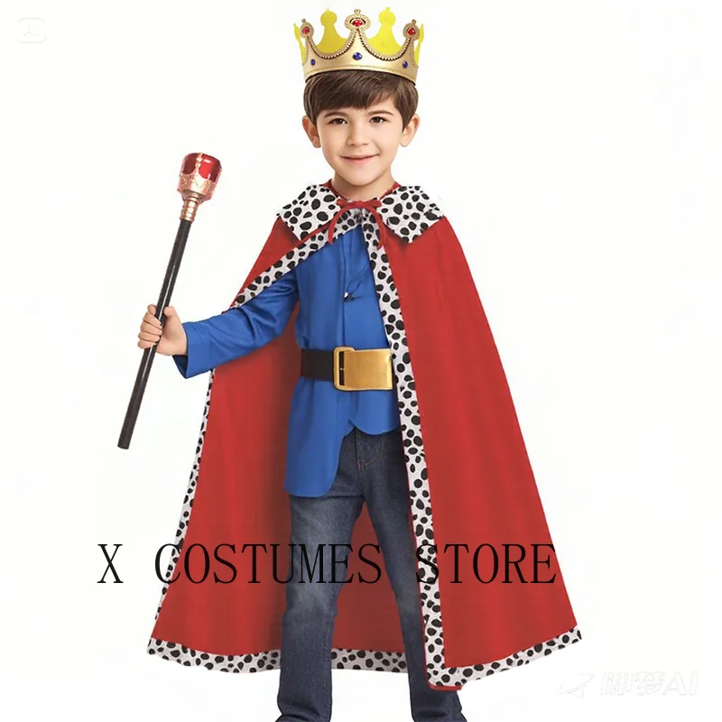 Zdjęcie Chłopcy król kostiumy Cosplay czerwony płaszcz dorosłe dzieci książę szata korona aksamitna peleryna dzieci urodziny impreza z okazji Halloween przebranie na karnawał