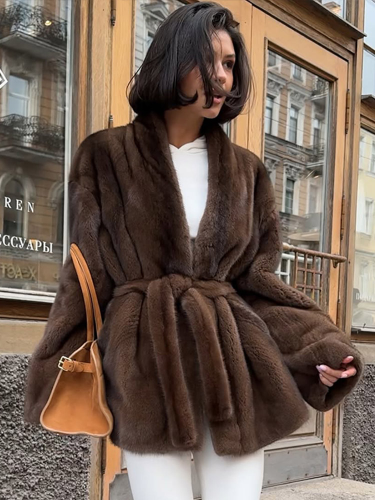 Image of Luxurious Solid Faux Fur Coat for Women – Elegant V-Neck Long Sleeve Lace-Up Loose Winter Jacket, Warm Streetwear for Commute and Casual Outings