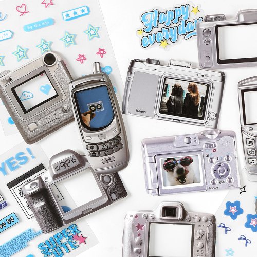 Image of 15-Piece Kawaii Inspirational Electronic Memory Stickers Set for DIY Journaling, Phone Cases, Scrapbooking, and Aesthetic Stationery Projects