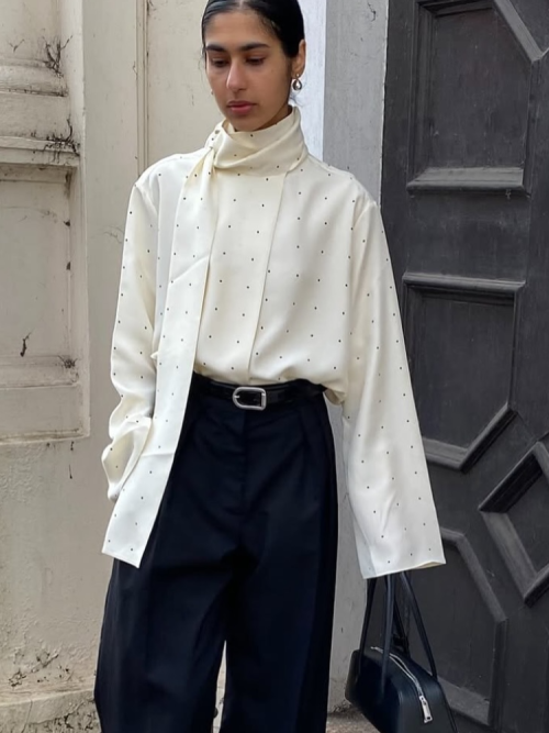 Chemisier Satin Imprimé à Pois - Col Écharpe Mode Automne