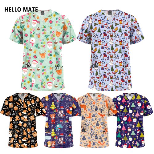 Afbeelding van Medische Uniformen voor Dames en Heren - Leuke Cartoon Print V-Hals Blouse met Zakken, Kortemouw T-Shirt voor Klinisch Werk