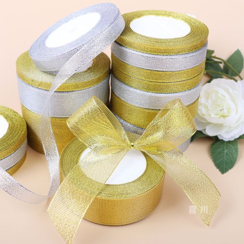 Imagen de Rollo de Cinta Metálica con Purpurina Dorada y Plateada de 25 Yardas para Costura, Decoración de Ropa, Envoltura de Regalos y Manualidades