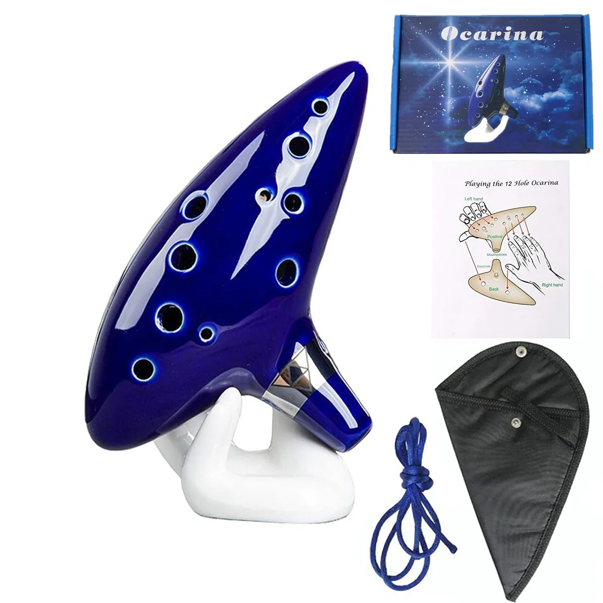 Bild von Okarina, 12 Töne Alt-C-Keramik-Okarina-Musik instrument mit Liederbuch-Hals-Schnur-Trage tasche, blau