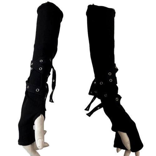 Afbeelding van 1 Paar Cool Black Gothic Zon-Beschermende Mouwen Punk Unisex Arm Warmer Harajuku Half-Vingerige Handschoenen Manchet Met gesp Ninja