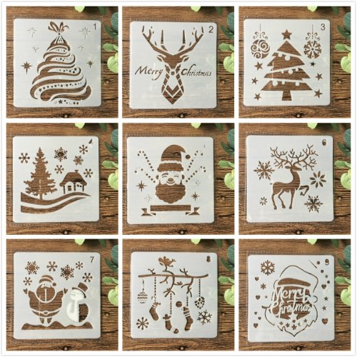 Afbeelding van 9-delig kerst sjablonen set van 13 cm - Kerstman, rendier en sneeuw voor DIY schilderen, kleuren, embossen en decoratieve projecten