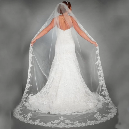 Immagine di Velo da Sposa Bianco Avorio con Applicazioni di Pizzo e Tulle Lungo Cattedrale, Bordatura in Pizzo, 3 Metri, Velo da Sposa Elegante per Matrimonio