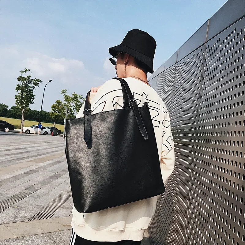 Image of Premium Soft Leather Tote Bag for Men – Japanese & Korean Style Business Casual Streetwear Handbag with Large Capacity, Zipper Closure & Laptop Compartment
