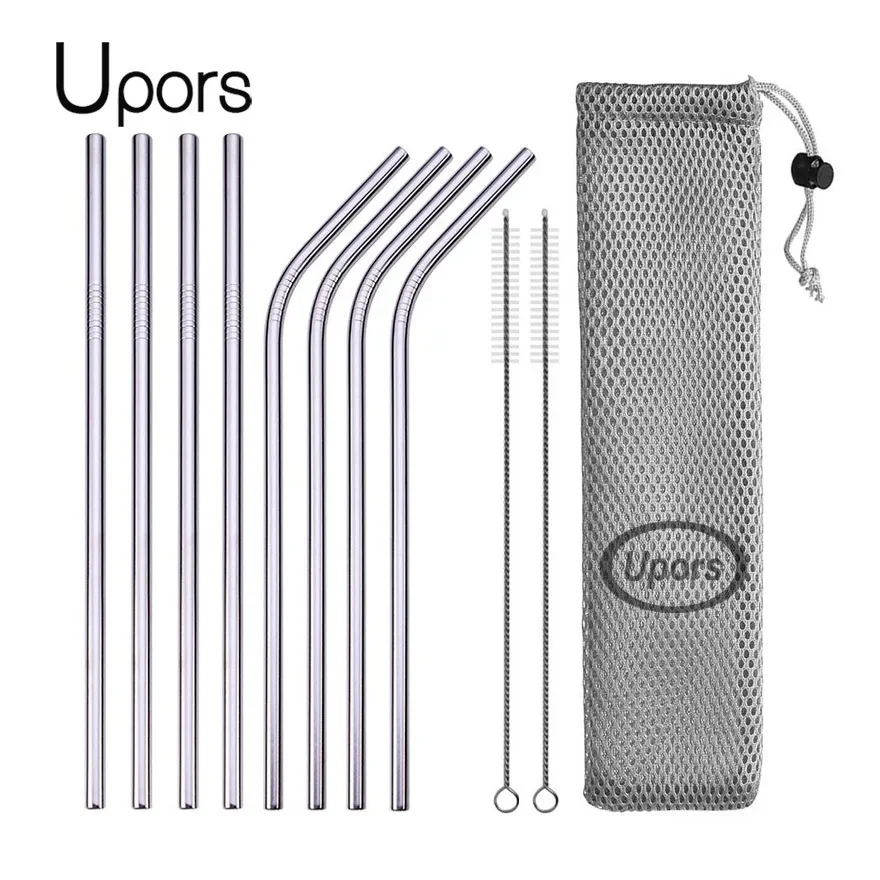 Image of Eco-Friendly Reusable Stainless Steel Drinking Straws with Cleaning Brush and Travel Pouch – Straight and Bent Metal Straws for Sustainable Sipping