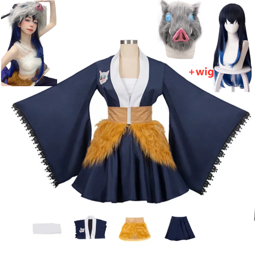 Zdjęcie bilibili Demon Slayer Cosplay Hashibira Inosuke kostium dla dorosłych Halloween Anime fantazyjny top spódnice sukienka ubrania peruka zestaw masek strój