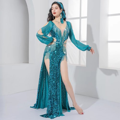 Immagine di Abito Baladi con Paillettes Brillanti per Danza del Ventre: Costume Egitto Tradizionale con Maniche Lunghe e Fascia per Spettacoli di Gruppo e Concorsi