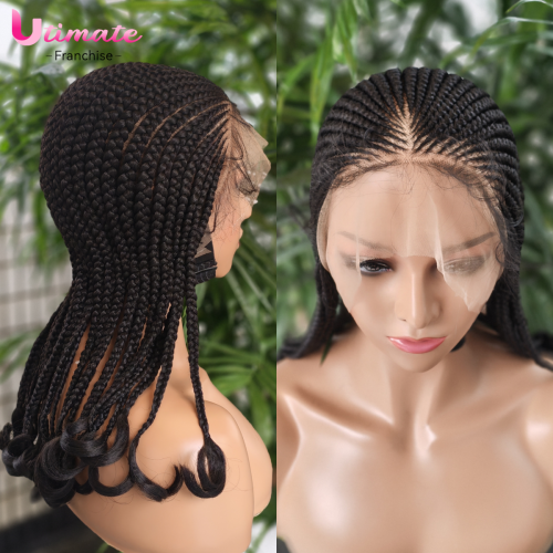 Afbeelding van Synthetische korte cornrows gevlochten pruik Beschermende full lace pruik met babyhaar 18 inch knooploze steek gevlochten pruiken met golvend uiteinde
