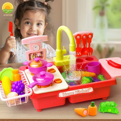 Bild von Kinder Spielzeug Waschbecken Elektrische Kind Spülmaschine Wasser mit Gemüse Obst Lebensmittel Kochen Pretend Spielen Spielzeug Küche Rollenspiel 3-jähriges Geschenk