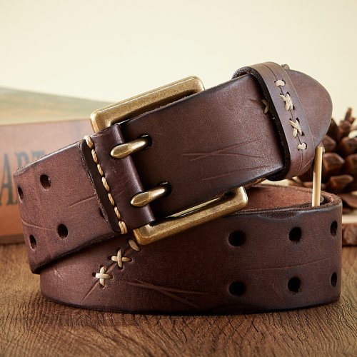 Imagen de Cinturón de Cuero Auténtico de 3.8 cm con Hebilla Doble de Latón - Diseño Vintage de Piel de Vaca Pura para Hombre