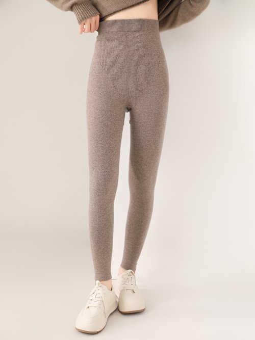 Zdjęcie Damskie legginsy z dzianiny ze 100% wełny merino, jesienno-zimowe, jednolite, z wysokim stanem, wełniane spodnie, wygodne, wąskie nogawki, uniwersalne, grube i ciepłe.