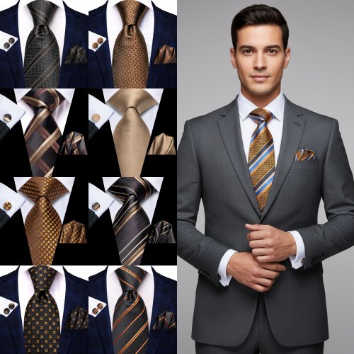 Bild von Hi-Tie 3-teiliges Herren-Krawatten-Set, Braungold, Blumenmuster, Streifen, solide Krawatte, Einstecktuch, Manschettenknöpfe, Set, Hochzeit, formell, lässig, Büro, Party