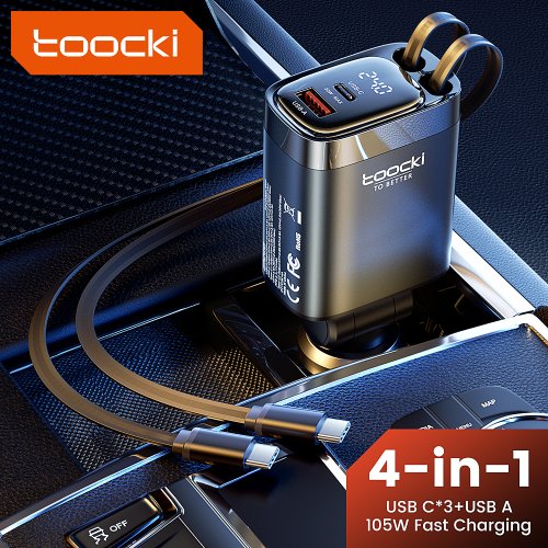 Image of Toocki 4-in-1 Retractable 105W Car Fast Charger with Digital Display, Dual USB-C Ports, Compatible with iPhone 16, 15, 14, Xiaomi, Samsung, Includes Charging Cable