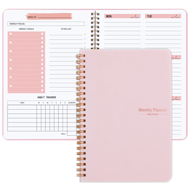 Immagine di Planner Settimanale A5 Senza Data 2025 con Copertina in Tessuto e Tasca Portadocumenti – Agenda a Spirale per Ufficio, Studio e Scuola
