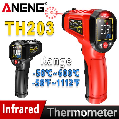 Imagen de Termómetro Infrarrojo Digital ANENG TH203 con Rango de -50°C a 600°C, Medidor de Temperatura sin Contacto, Pirómetro IR con Higrómetro para Uso Industrial y Doméstico