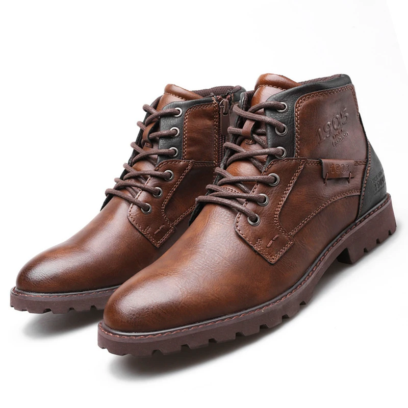 Image of Sturdy Brown Leather Men's High-Top Ankle Boots for Outdoor Work, Casual Wear, Motorcycle Riding & Military-Style Combat Use – Plus Size Fashion Autumn Footwear