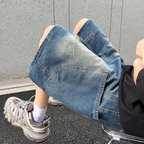 Afbeelding van Zomerse Baggy Denim Shorts voor Heren - Vintage Was, Rechte Snit, Trekkoord, Harajuku Streetwear Stijl